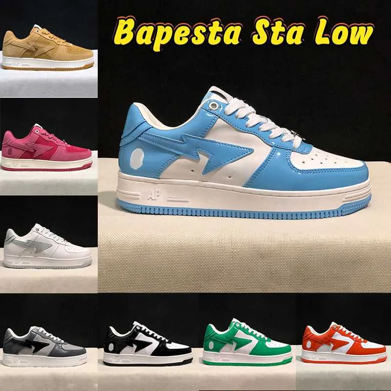 Bapesta Sta Low Apes Casual Shoes Män kvinnor Nigo Patent Leather Paint Beige Suede Pastel Hajime Sorayama Comics Luxury