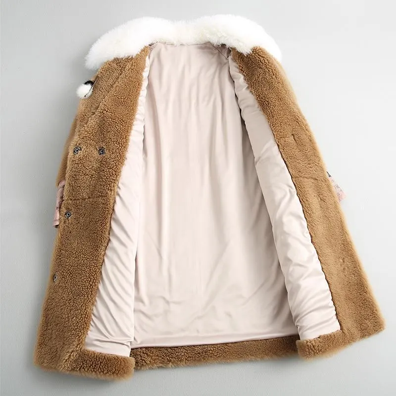 女性の毛皮のフェイクリアルウールコート女性女性のための長い濃い暖かい冬コートターンダウンカラー天然子羊ジャケット18011Women's
