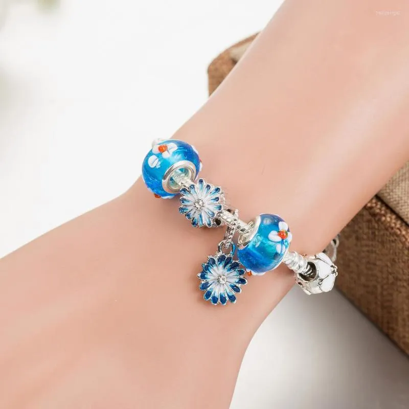 Braccialetti con ciondoli ANNPAER Arrivi Carino Perline Blue Daisy Fiore Braccialetti Per Le Donne Fit Estate Gioielli FAI DA TE Regalo B20014