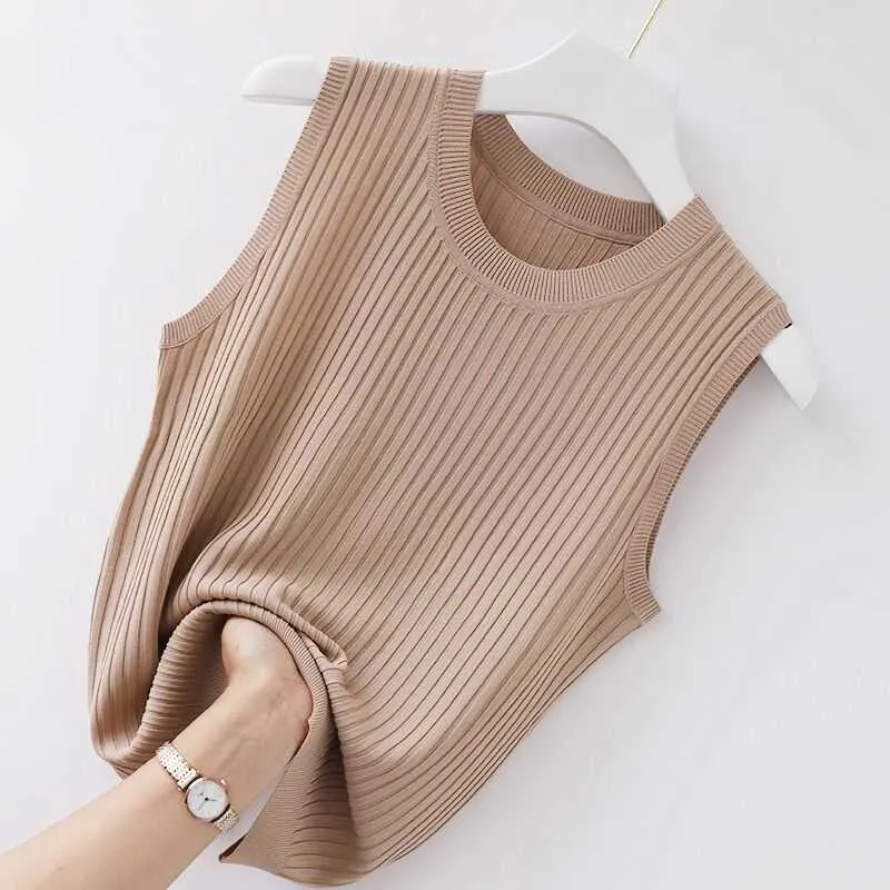 Tanks pour femmes Camis Camisole décontractée femmes été intérieur glace soie fond o-cou solide court tricot pull mince mince sans manches femmes 2022 nouveau Y2302