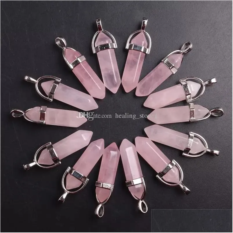 Charms Naturel Pierre Rose Quartz Rose Cristal Pendentif Assortiment Hexagonal Colonne Pendentifs Pour Boucles D'oreilles Collier Bijoux Makin Dhgarden Dh2Op