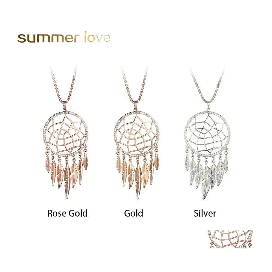 Pendentif Colliers Long Gland Feuille Plume Collier Creux Bijoux Dream Catcher Or Couleur Pour Les Femmes Cadeau Drop Delivery Pendentifs Otxoo