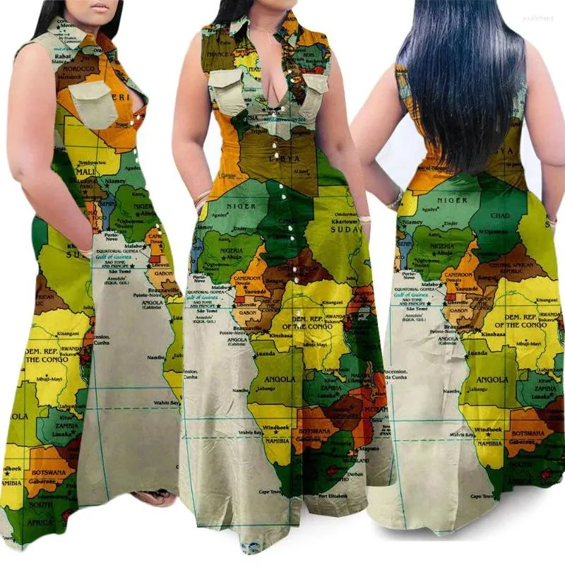 Sıradan Elbiseler Yeşil Büyük Boyut 5xl Kadın Haritası Baskı Kolsuz Yaku Gömlek Uzun Elbise V Yağ Büyük Salıncak Etekler Seksi Takımlar Kayma Hem