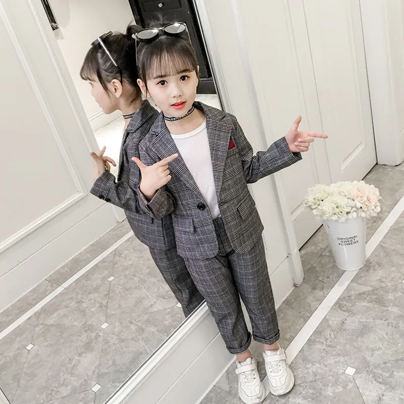 Suits Fashion Wedding Kids Suit for Girls Formal Pant Suits for Teenagers 2PCS Blazer Set Brand Plaid Children Blazer 4 5 7 9 11 13T 230131