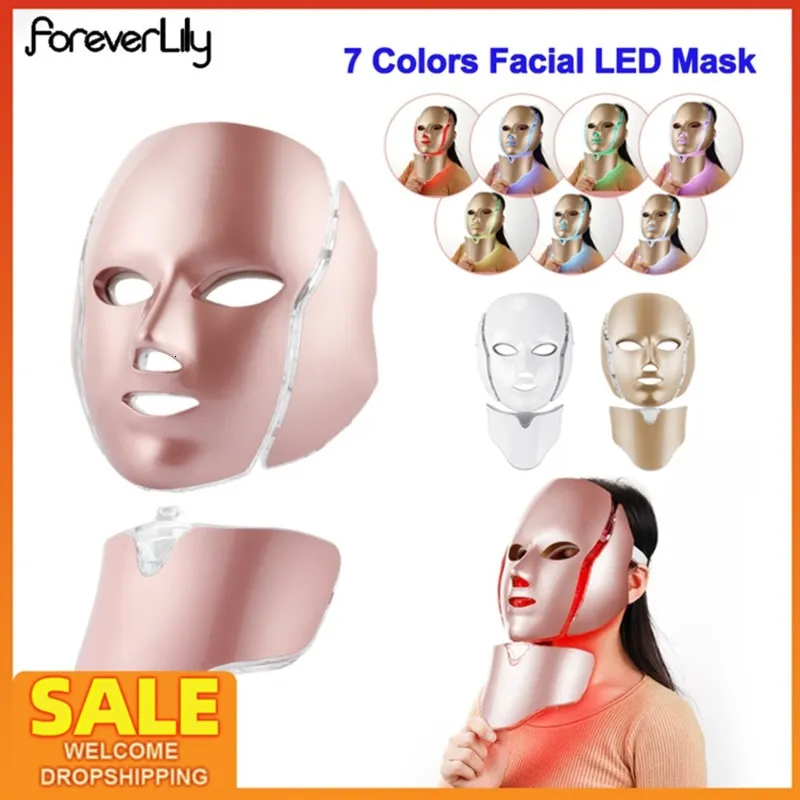 7 kleuren LED Lichttherapie Gezichtsmasker Met Nek Huidverjonging Potherapie Schoonheid Anti Acne Draai Fleuren Machine 220224