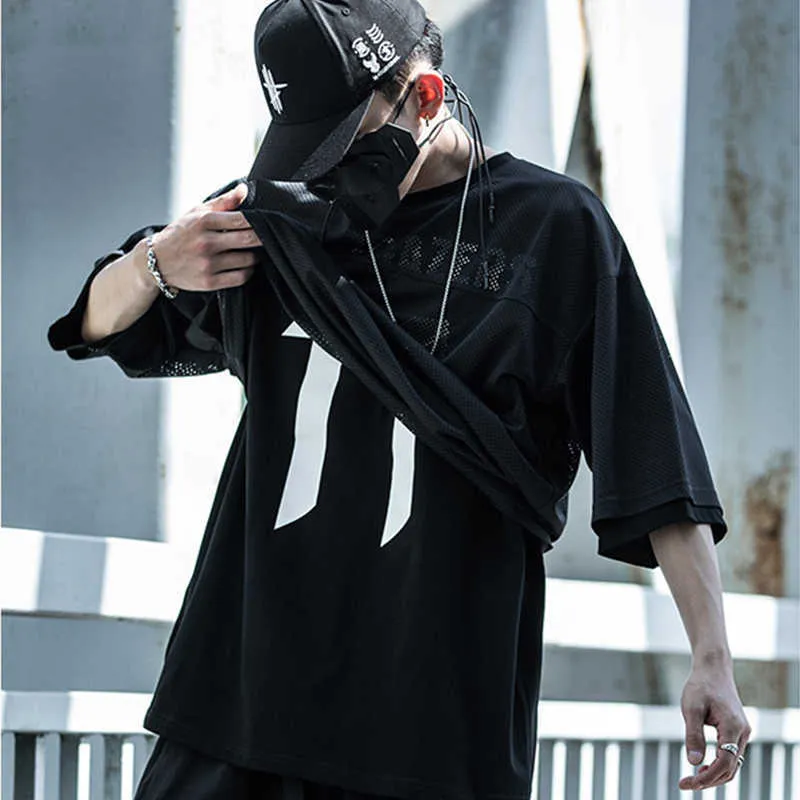 メンズウェア thha Mens Techwear T-Shirt: Double Layer Mesh, Hip Hop Streetwear