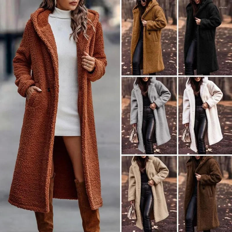 Kvinnors västar Kvinnor Winter Coat tjock fast färg Huvhatt Hatt långärmad Håll varm ull i mitten av kalvlängden Lady Overcoat kläder för utomhus