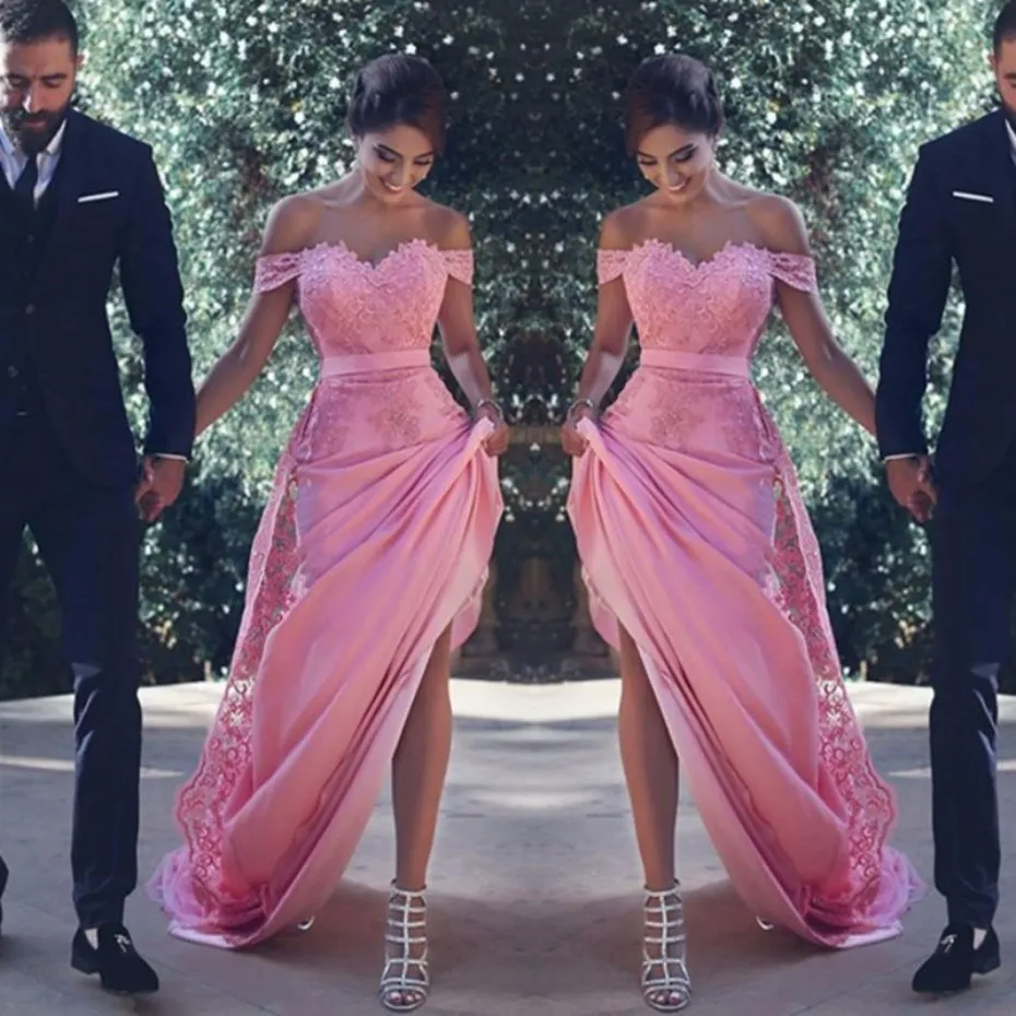 Sexy schulterfreies Brautjungfernkleid, lang, mit Spitzenapplikationen, A-Linie, Hochzeitsgastkleid, rosa Kleid der Trauzeugin