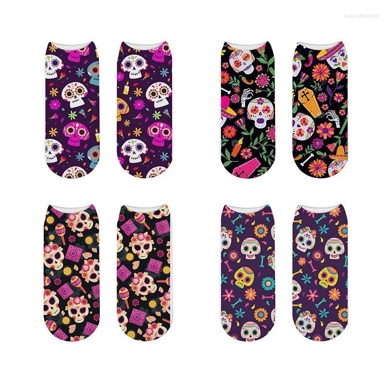 Women Socks Creative Skulls Colorful Pattern Short Harajuku Mexikansk skalle Ankel Funny Lucky Lycklig Sox för gåvor