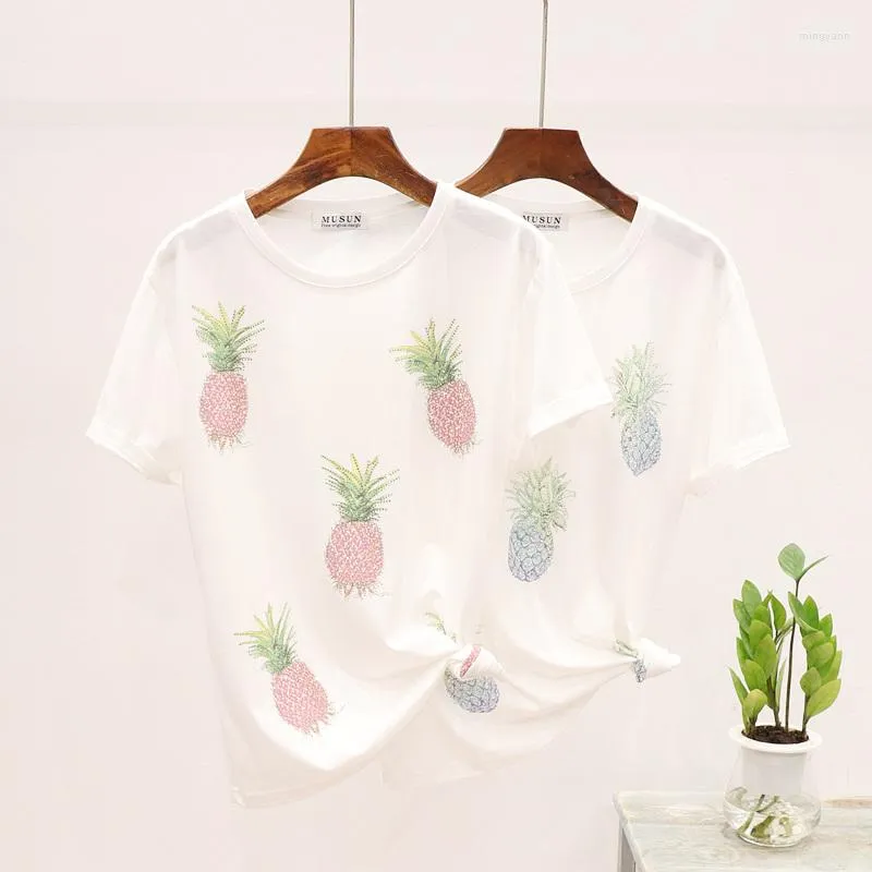 T-shirt da donna T-shirt in cotone da donna Set di diamanti neri rosa bianco Stampa ananas T-shirt larghe a maniche corte Top da donna