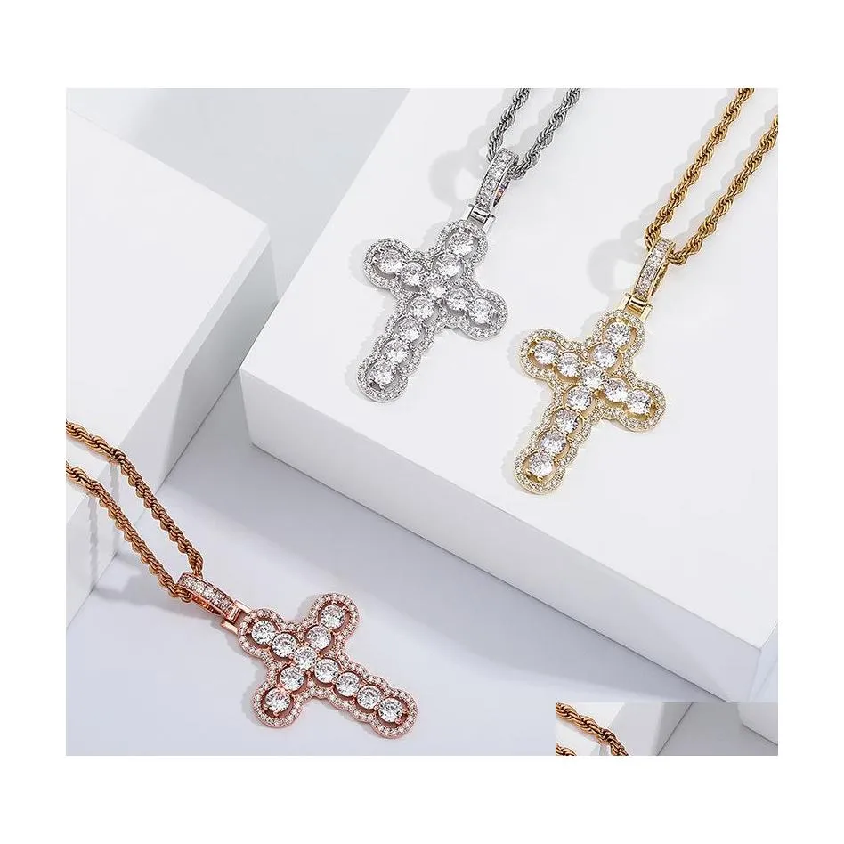 Pendant Necklaces Trendy Men Women Cross Luxury Bling Zircon Fashion Gold Sier Color Copper Hip Hop 3482 Q2 Drop Delivery Jewelry Pen Dh3Sf