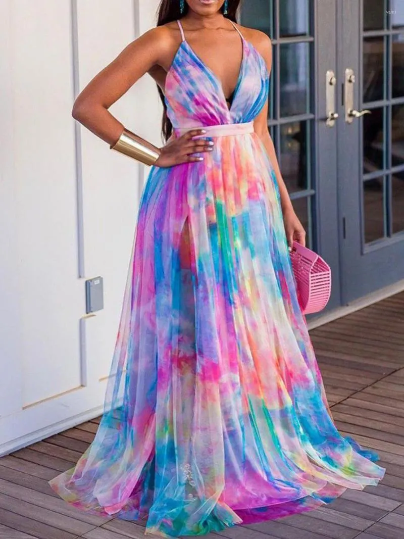 Abiti casual Jastie Tie Dye Oversize Party Maxi Dress Donna Maglia profondo scollo a V Vita alta Orlo allentato Slip Sexy Backless Evening