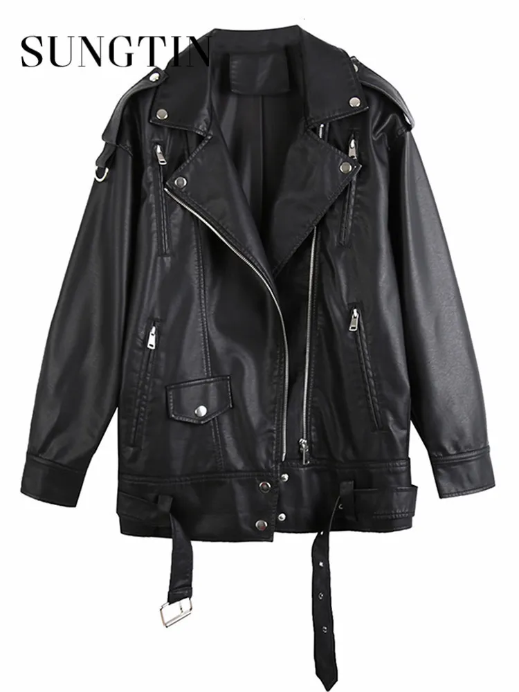 女性の革のフェイクソンギャスブラックパックジャケットベルトサイズの韓国のゆるいオートバイファッション因果アウター230131