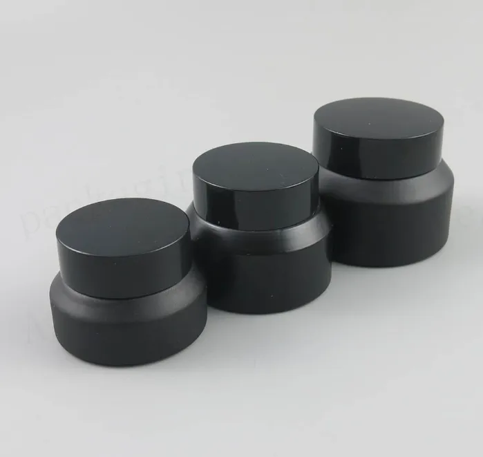 Partihandel 20 x 15g 30g 50g Frost Black Make Up Glass Jar with Black Lids White Seal Container Cosmetic Packaging