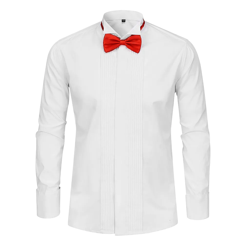 Men's Casual Shirts Men Wedding Tuxedo Long Sleeve Dress French Cufflinks Swallowtail Fold Dark Button Bowtie Gentleman Shirt White Red Black 230201