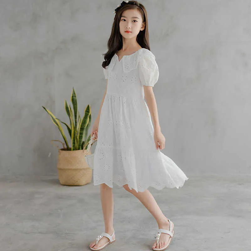 Fille es blanc broderie adolescent enfants pour filles nouveaux enfants coton vêtements bébé princesse robe deux couches pas Ransparent # 6315