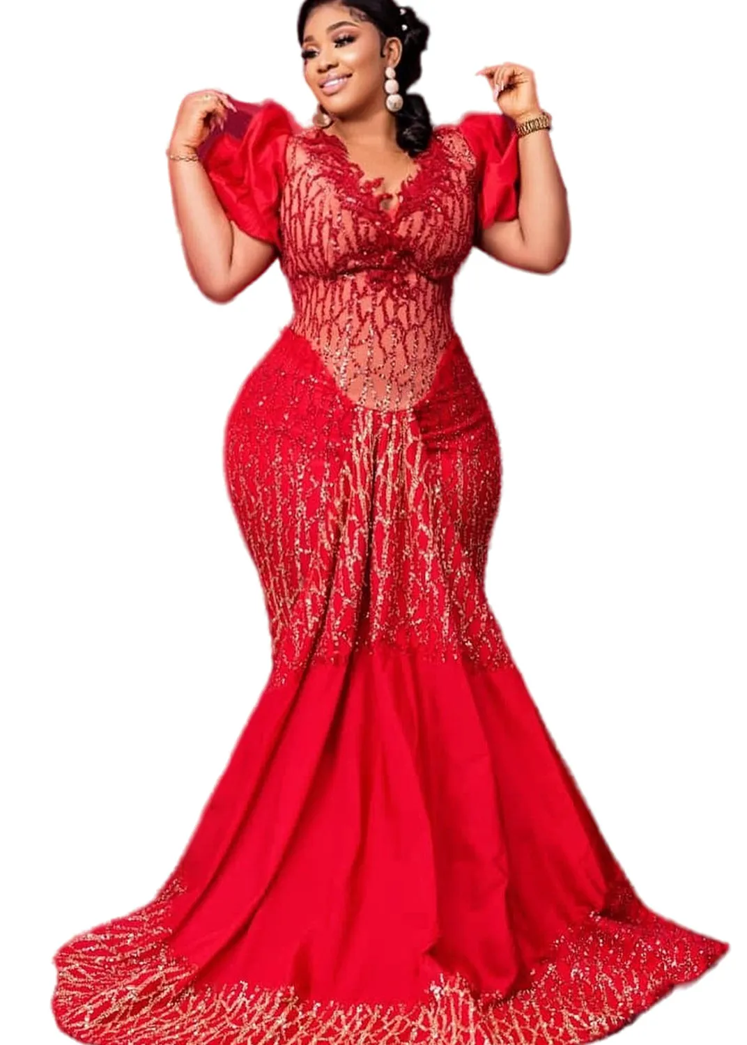 2023 Arabo Aso Ebi Mermaid Red Prom Dresses Pizzo Perline Sera Festa formale Secondo ricevimento Compleanno Abiti da damigella d'onore Abito J440