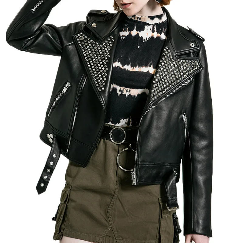 Womens Leather Faux Yoloagain Plus Size Jackor Real Women Rivet Collar Lambskin Moto Biker Lady 230131
