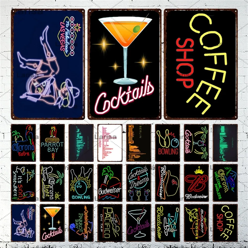 Classic Cocktail Metal Painting Coffee Shop Vintage Colorful Neon Metal Plates Cafe Pub Club Decorazioni da parete per la casa Targhe in metallo Targa retrò 20cmx30cm Woo