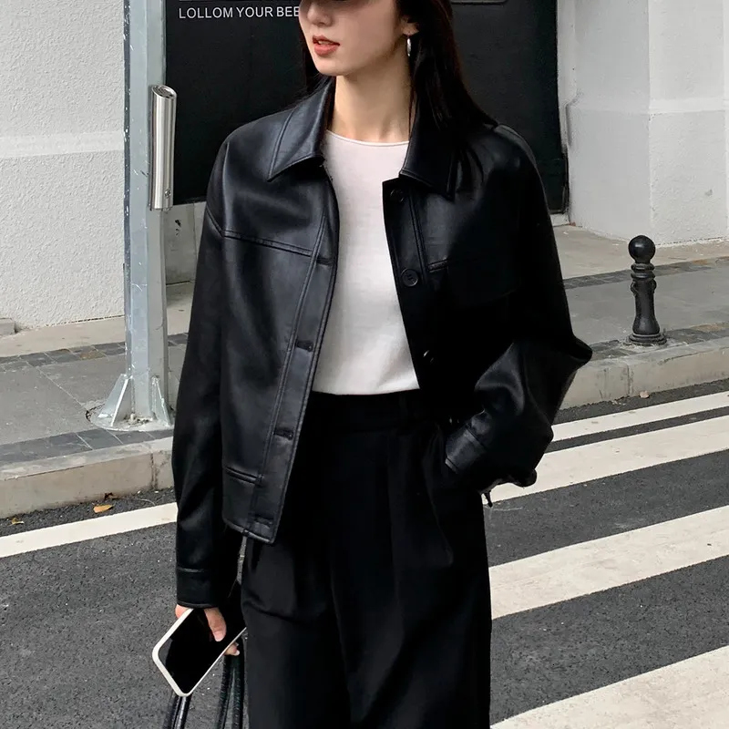 Женская кожаная искусственная черная обрезанная куртка корейская главная улица Blazers Винтажная уличная одежда Moto Bike осень 230131