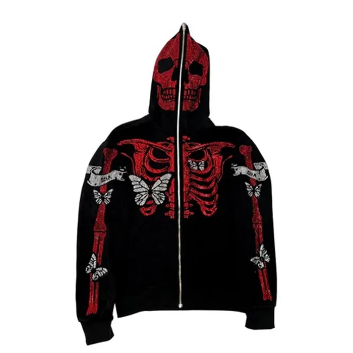 Rhinestone Skeleton Butterfly Zip Hoodie Grunge Harajuku Feminino Feminino Feminino Roupa Up Sualdemas Roupas Vintage Top Jaqueta Punk