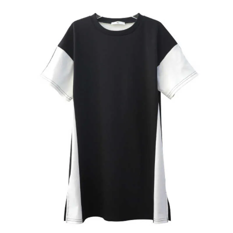 Esgro de meninas de 6 a 16 anos Camisa infantil 2022 Novo vestido de algodão adolescente de verão branco e preto retalhos de retalhos com cintura #6158 0131