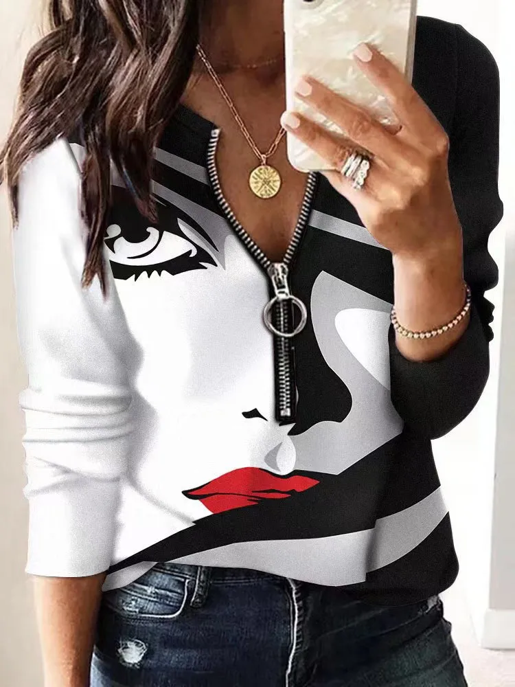 Women's Blouses Shirts Women Print Zip Patchwork Slim Blouse V Neck Vintage Straight Long Sleeve Pullover Top Vintage Spring Summer Loose Shirts Blusa 230201