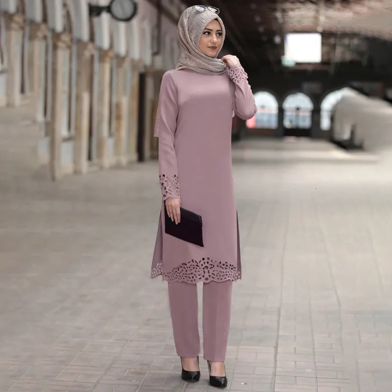 Etniska kläder Islamiska klädbyxa Set för kvinnor Abaya klänning Muslimska Fashion Hollow Out Solid Long Sleeve Arab Dubai Eid Mubarak Ladies Kaftan 230131