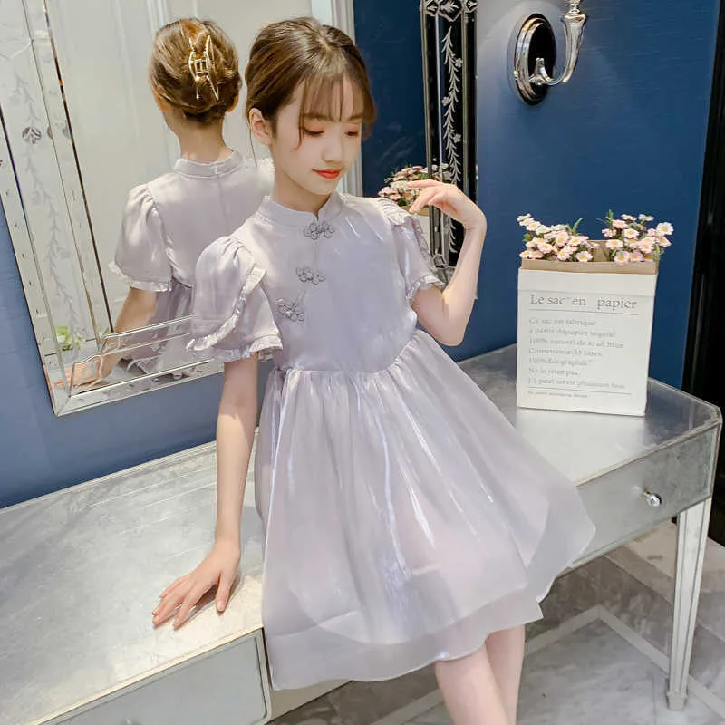 Girl's Dresses 2021 New Girls Vintage Style Design Summer Children's clothing silk cloth Solid princess dress Kid vestido Robes de filles 0131