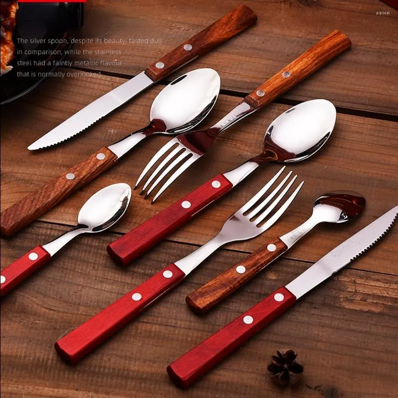 Geschirr Sets 304 Edelstahl Gabel Löffel Holzgriff Geschirr Dessert Kuchen Brot Frühstück Steak Messer Besteck Separates Set