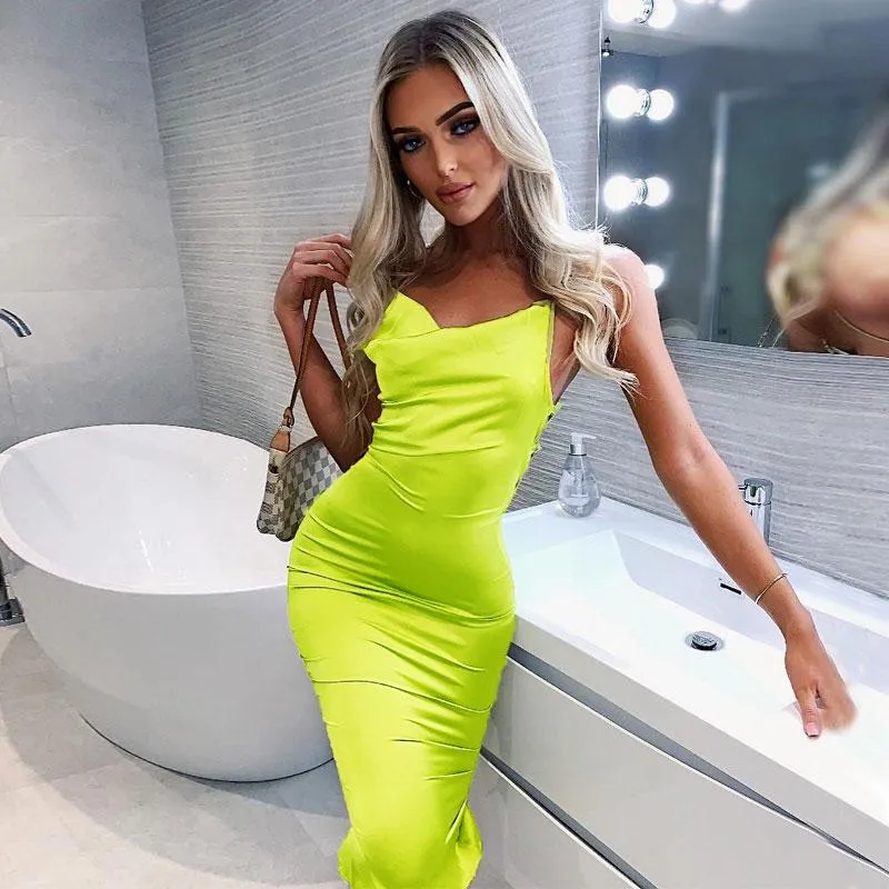 Abiti casual Estate Donna Abito longuette aderente Raso neon Con lacci Senza maniche Backless Abiti eleganti da festa Abiti da club sexy