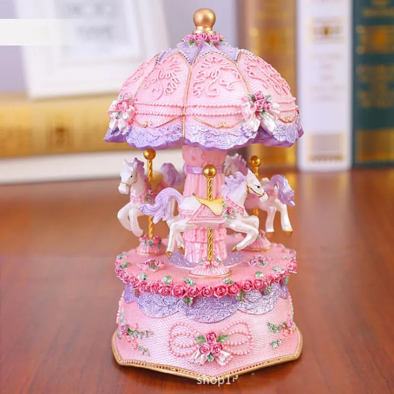 Decorative Figurines Objects & Modern Flashing LED Light Resin Carousel Music Box Ornament Crafts Birthday Wedding Gift Kids Home Desk Acces