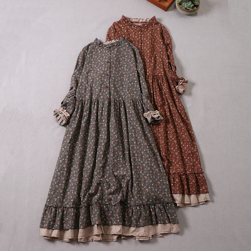 Casual Dresses Japanese Mori Girl Art Print Pretty Cotton Linen Spring Women Floral Loose Longsleved Midi 230131