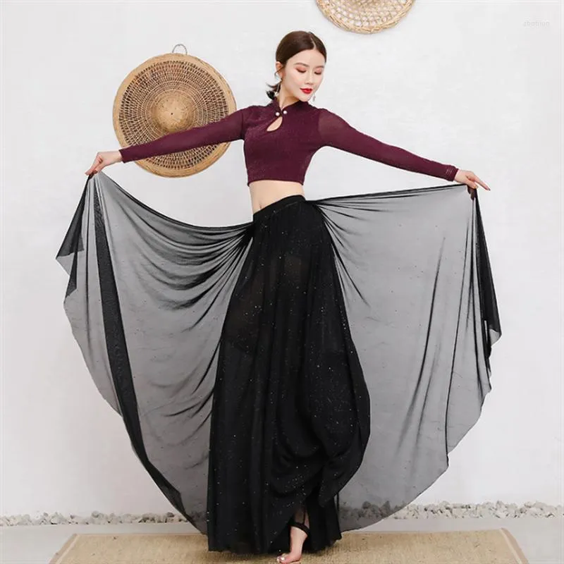 Desgaste de la etapa Sexy Danza del vientre de moda Ropa de gasa Mujeres adultas Trajes de baile brillantes Crop Top Conjuntos de falda voladora