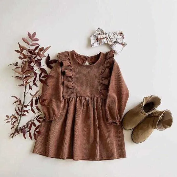 Girl's Es Girls 'koreanska version av Autumn New Corduroy Pleated Lace Princess Dress Children Toddler Baby Kids Clothing 2-6y