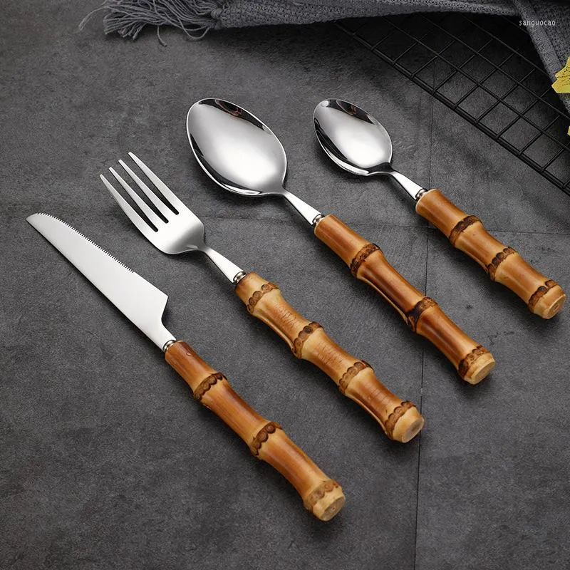 أدوات المائدة مجموعات الخيزران مقبض أدوات المائدة مجموعة من الفولاذ مرآة المائدة الفضية سكين شوكة ملعقة شوكة الشوك
