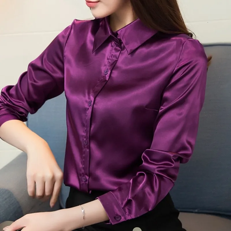 Women's TShirt Stinlicher Satin Silk Women Autumn Long Sleeve Elegant Work Wear Tops Korean Fashion Purple Green Blue Blouse 230131