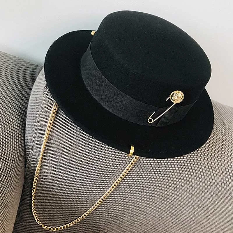 Large Brim Chapeaux Seau Fibonacci Fedora Rétro Laine Feutre Femmes Européenne Punk Chaîne Nouveauté Plat Top Hommes Cap Street Fashion Tendance Sauvage 230131