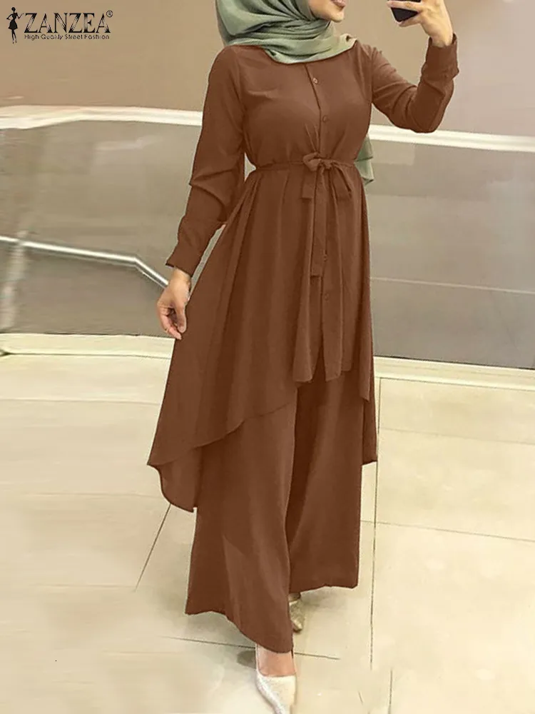 Etnische kleding Zanzea Tweede stuk sets dames outfititeert mode revers nek lange mouw shirt broek moslim brede poot broek islamitische pakken 230131