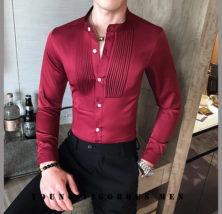 Men's Casual Shirts Men Tuxedo Front Pleated Small Stand Collar Solid Long Sleeve Blouse Male Gentleman Party Wedding Dress Slim Fit TOPS 230201