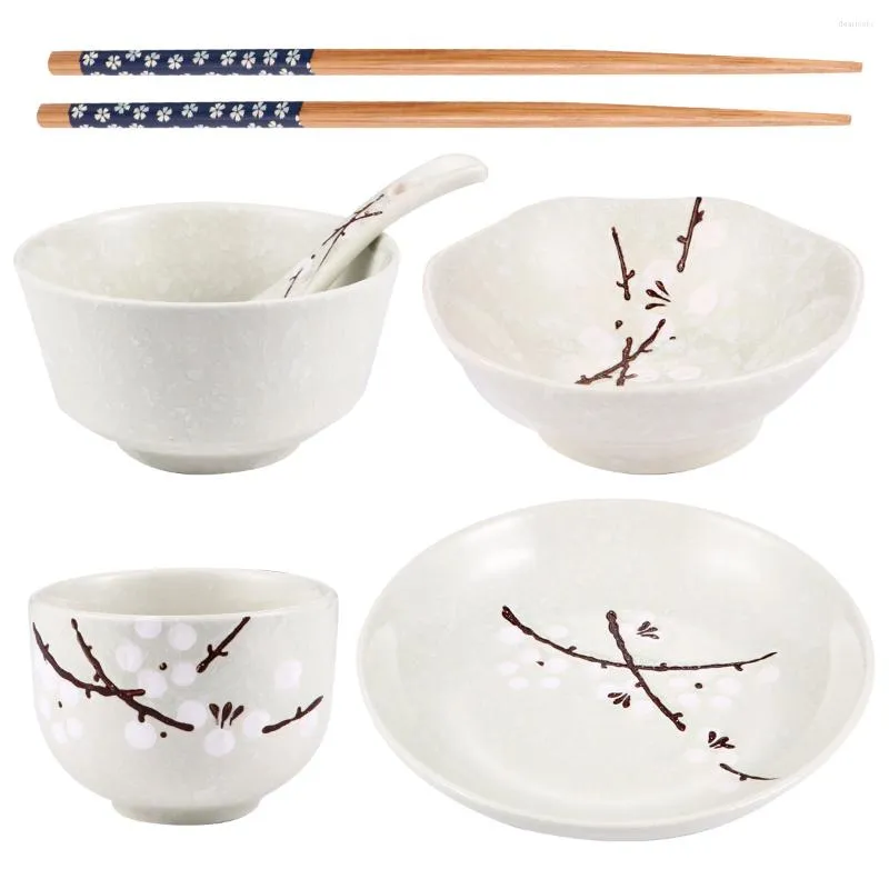 Set di stoviglie Set di ceramica Ciotole Stoviglie Piatti piani giapponesi Piatti da tè Piatti Kit tazze Bacchette di legno di riso dipinte tradizionali