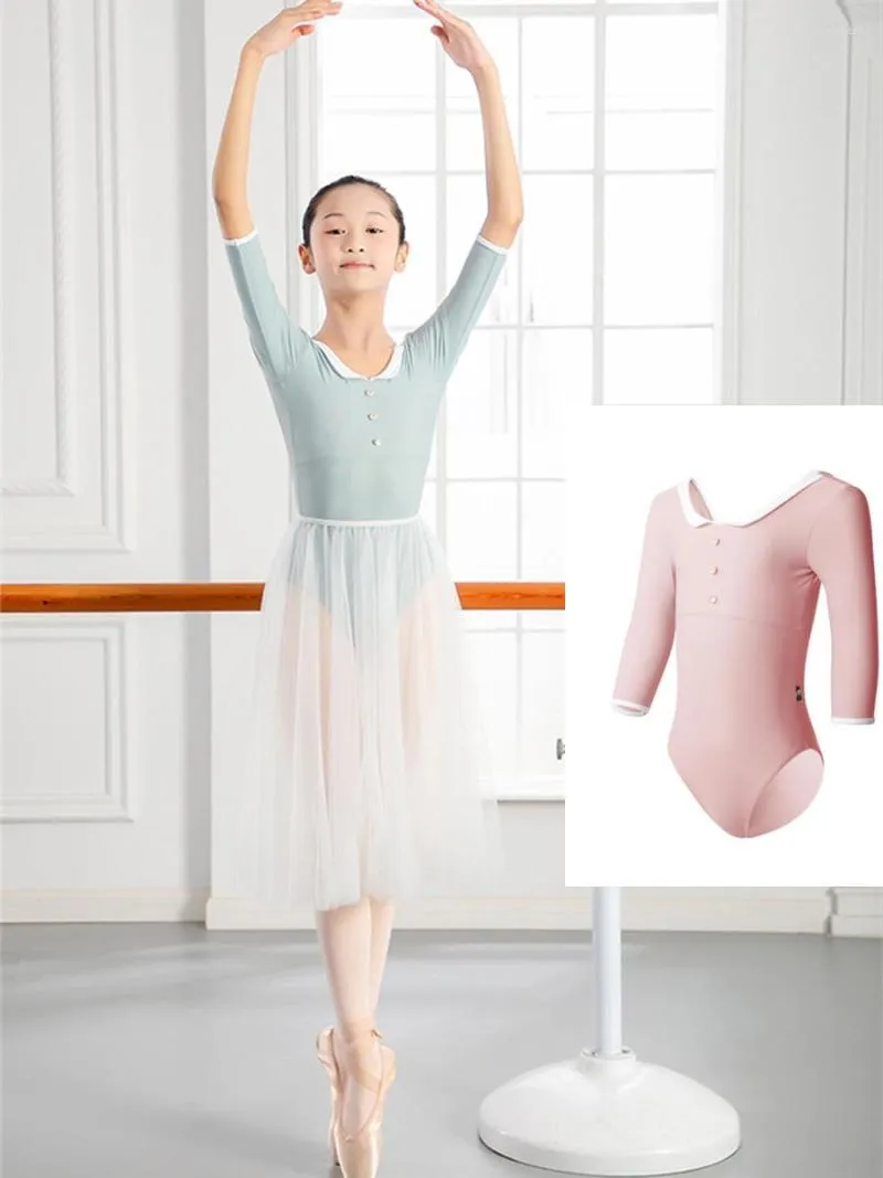 Abbigliamento da palco Costume da danza classica per bambini Body con maniche a tre quarti Colletto per bambola Abiti da ginnastica aperti sul retro per ragazze