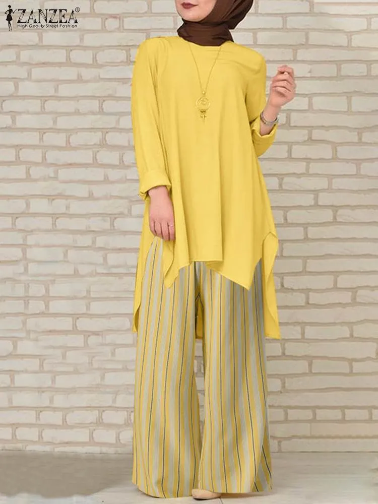 Ethnic Clothing Fashion Muslim Sets Women Striped Wide Leg Pants Sets 2pcs Urban Tracksuit ZANZEA Casual Dubai Turkey Abaya Matching Sets 230131