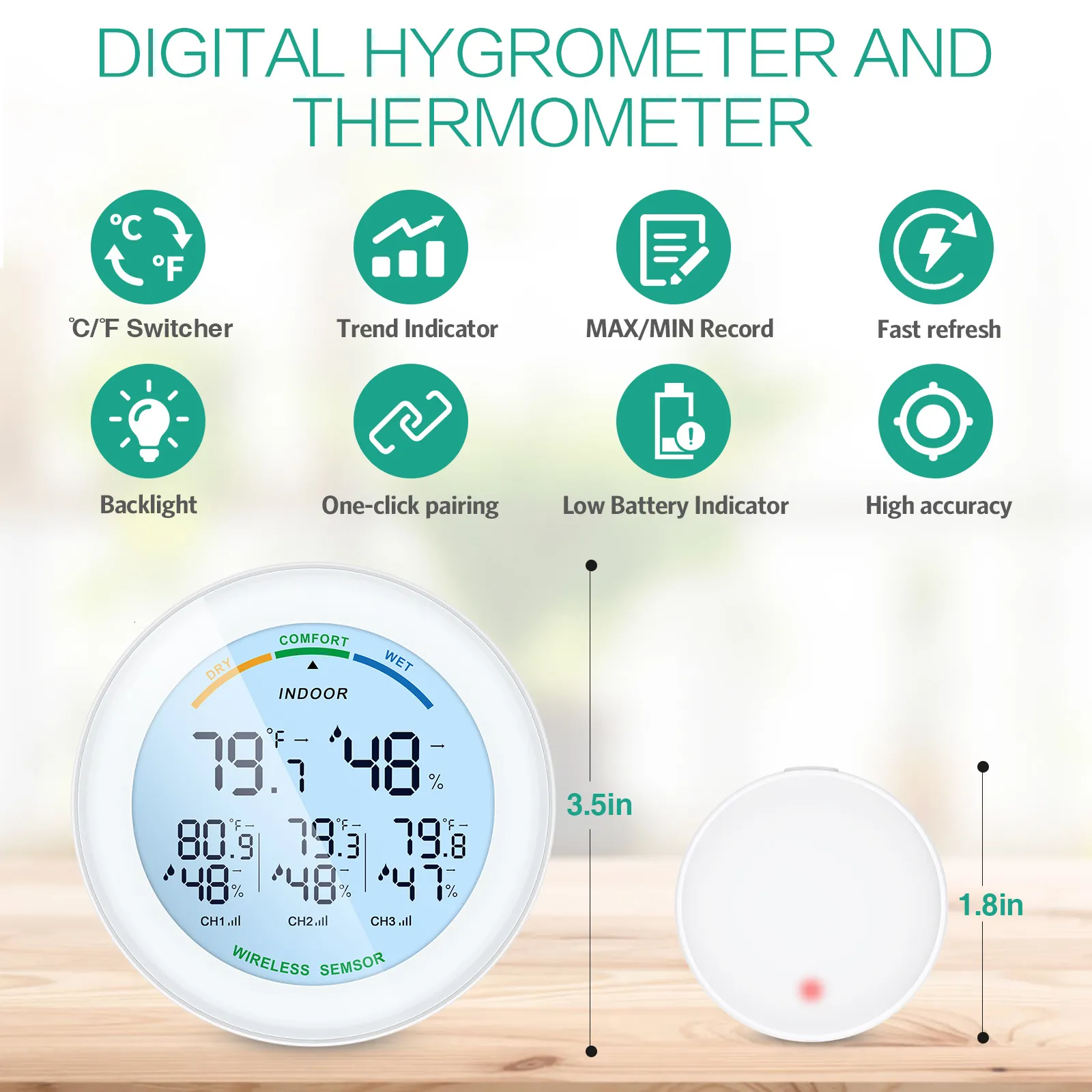 ORIA Refrigerator Thermometer, Indoor Outdoor Thermometer with 2 Wireless  Sensors