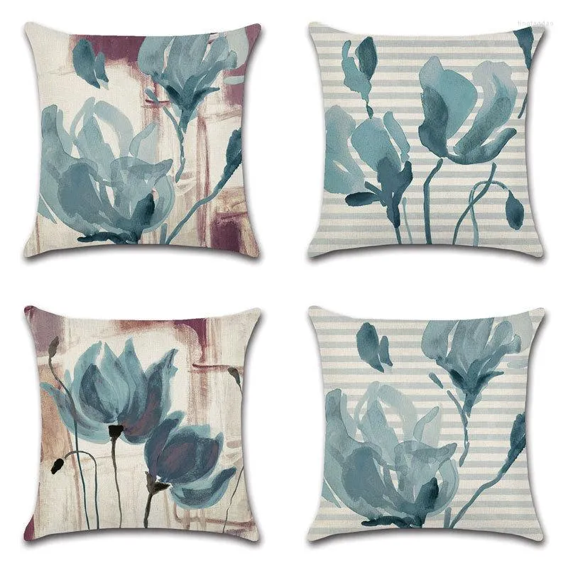 Pillow Blue Flower Cover Abstract Watercolour Floral Modern Minimalist Plant Sofa Case Home Living Room Decor Pillowcase