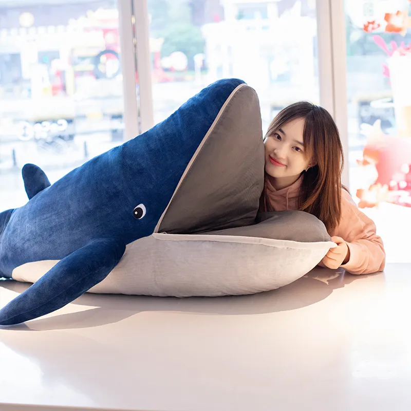 New Big Mouth Blue Whale Plush Doll Cute Whale Stuffed Doll Sleeping Companion Pillow for Girl Kids Gift 140 160cm DY10134