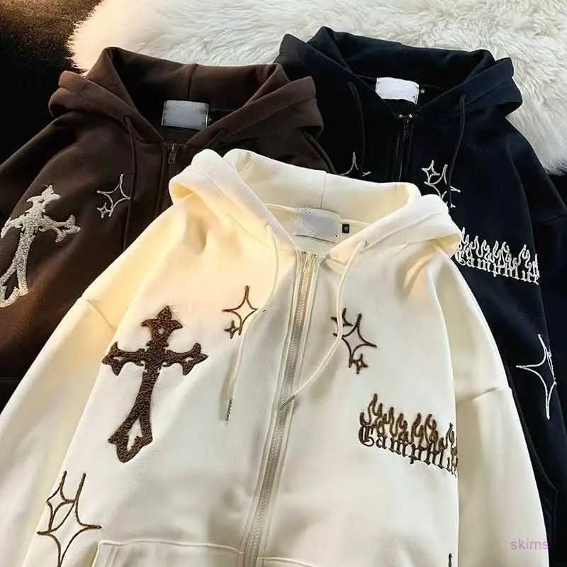 Men's Hoodies Sweatshirts Gothic Embroidery Women Retro Harajuku Hip Hop Jacket High Street Zip Up Hoodie Casual Loose Sweatshirt Clothes