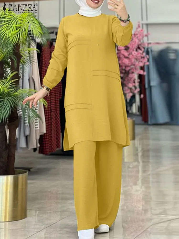 ZANZEA Muslim Two Piece Set Elegant Full Sleeve Blouse And Wide 