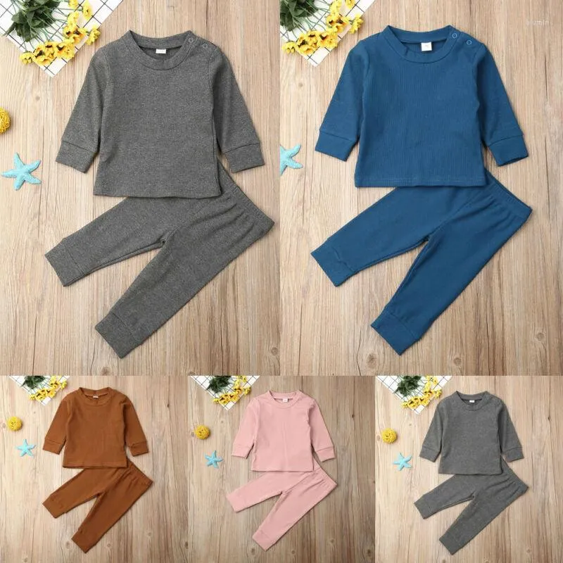 Kläder sätter 2st född spädbarn baby barn pojke tjej kläder jumpsuit romper leggings byxor set ren solid höst vinter varm