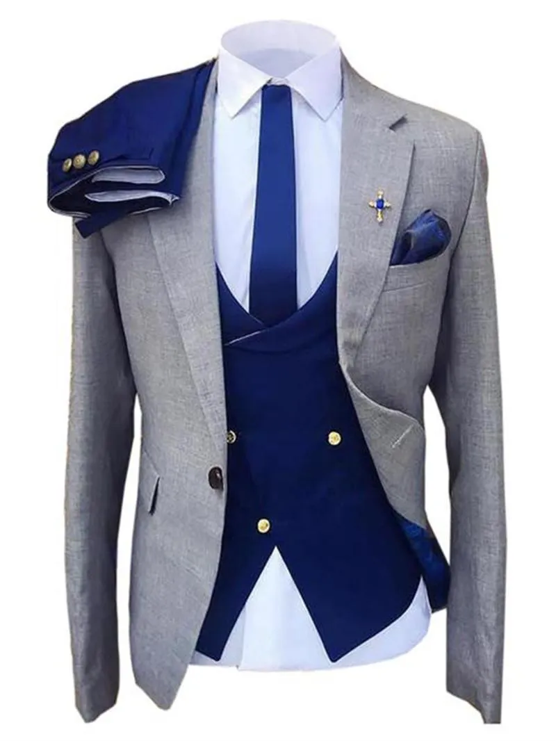 Abiti da uomo Blazer Abito alla moda per uomo Blazer grigio Gilet e pantaloni blu scuro Sposa sposo Tuxedo Costume Taglia